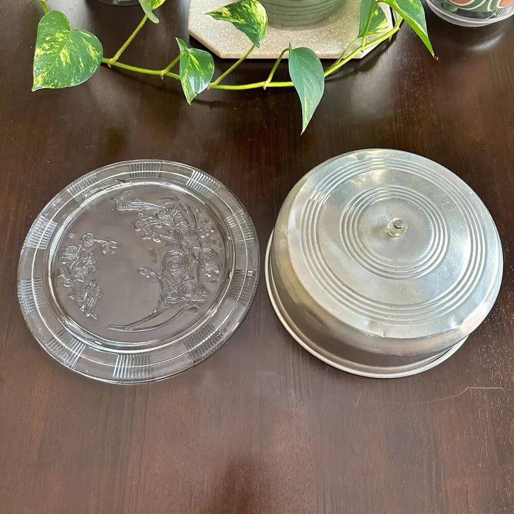 Vintage Glass Cake Plate w/ Aluminum Cover 40's 50's Era Collectible Cottagecore